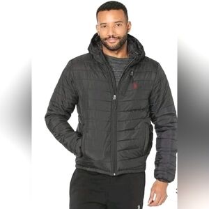 US Polo Mens Black Classic Red Pony Hooded Puffer Coat Preppy Luxury Sz.M